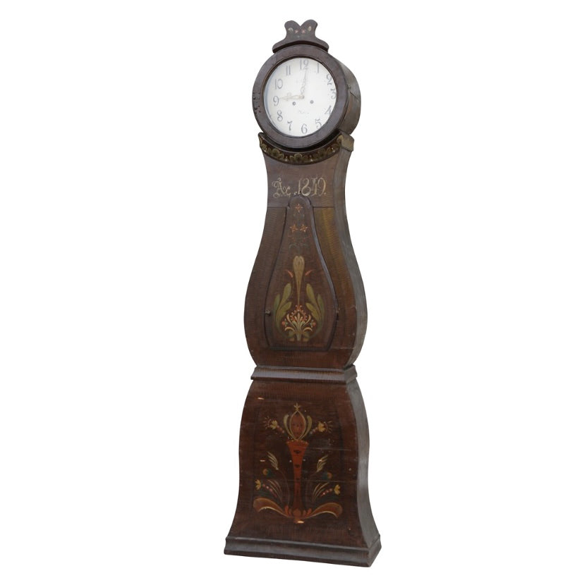 Antique Swedish Mora Clock brown with Wwedish traditional decoration